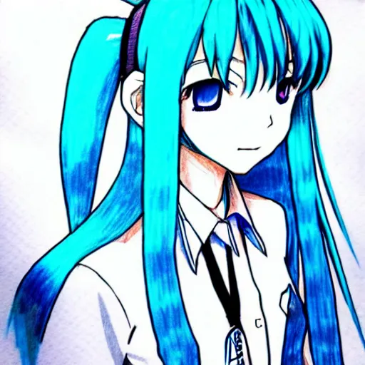 Image similar to hatsune miku v 3, blue pen art on paper