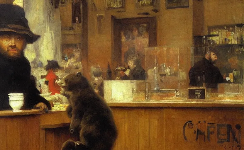 Prompt: high quality high detail painting by ilya repin, friendly bear sitting behind the counter of coffeeshop, hd