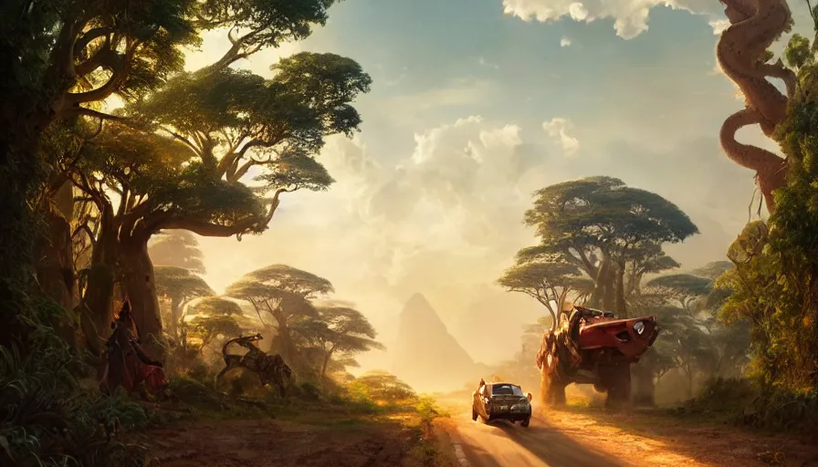 Prompt: mahindra that driving through madagascar road with baobabs trees, animals running along, artgerm and greg rutkowski and alphonse mucha, an epic fantasy, volumetric light, detailed, establishing shot, an epic fantasy, trending on art station, octane render, midsommar