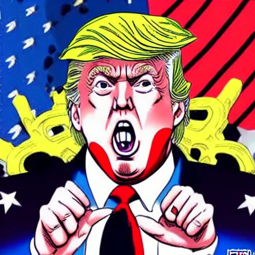 Image similar to Donald trump in JoJo’s bizarre adventure manga, the menacing symbols can be seen above his head