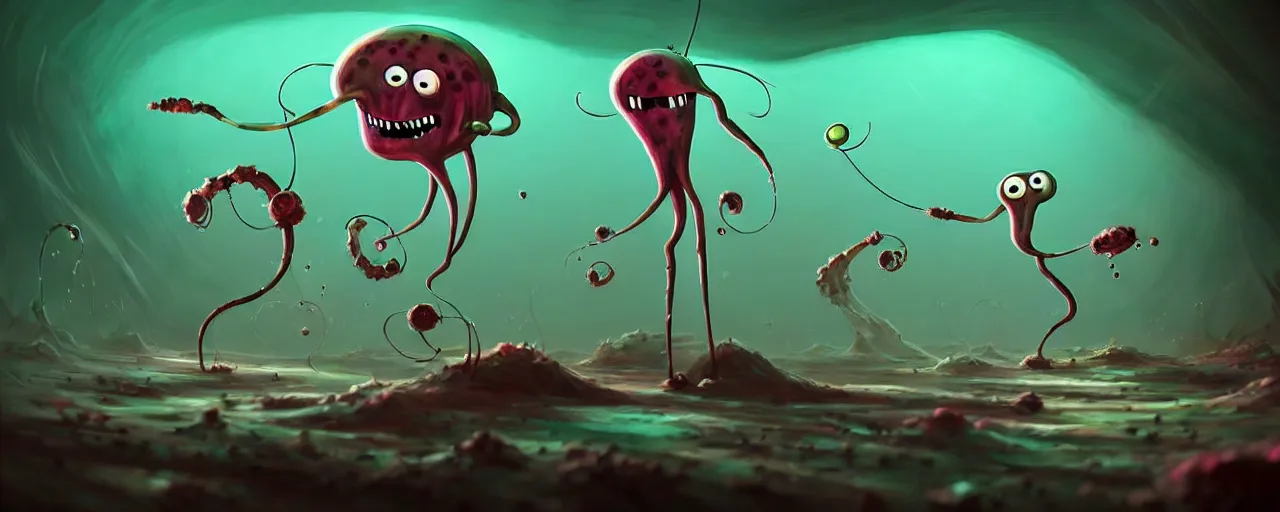 Image similar to wild whimsical plankton mutants from the depths of a wasteland deep in the imaginal realm, dramatic lighting, surreal fleischer cartoon characters, shallow dof, surreal painting by ronny khalil