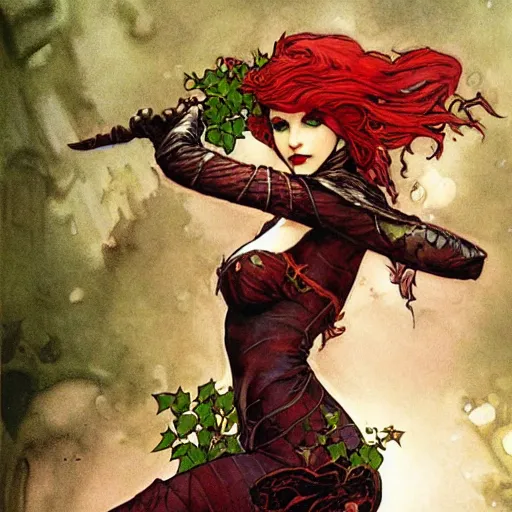 Prompt: a beautiful painting of poison ivy dressed as a teenage vampire, leather armored, dark eyeliner, intricate, elegant, highly detailed, digital painting, artstation, concept art, matte, sharp focus, illustration, art byby rebecca guay and by arthur rackham and by alphonse mucha and by john william waterhouse, comic book style!!