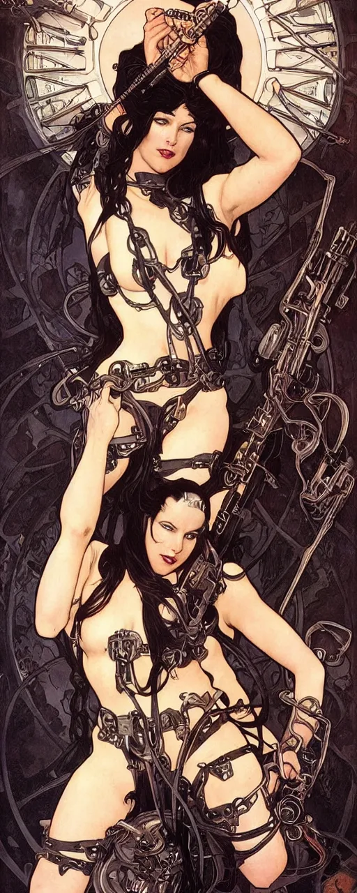 Prompt: striking sensual industrial art nouveau style portrait of psylocke as an extreme metal soldier by glenn fabry, simon bisley and alphonse mucha, photorealism, extremely hyperdetailed, perfect symmetrical facial features, perfect anatomy, ornate declotage, spikes, latex, excited expression, wild eyes