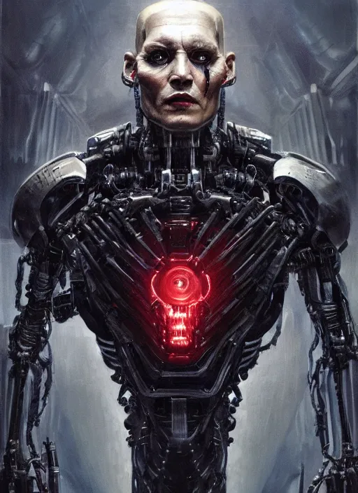 Image similar to johnny depp as victor stone, full body concept, cyborg, borg, strogg, face of a man, terminator, flesh, quake strogg, doom demon, wolfenstein, monstrous, powerful, symmetry, symmetrical, concept art by ruan jia and greg rutkowski