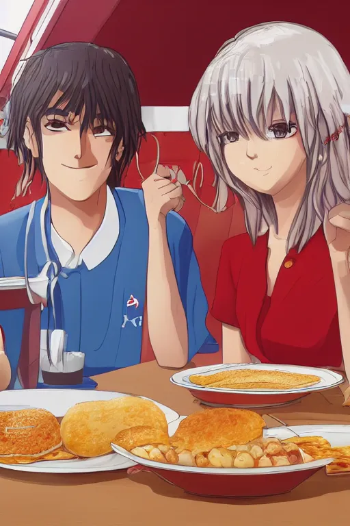 Image similar to a beautiful picture of two people have breakfast in kfc, empty, sky, anime, detailed, 8 k