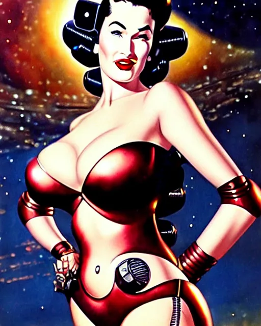 Prompt: closeup beautiful retro space dita von teese megan fox posing with a chrome robot in dieselpunk city at night, pinup, windblown dark hair, seductive, hyper detailed, digital art, smooth, sharp focus, gil elvgren, luis royo, alberto vargas, 1 9 5 0, when mars attacks