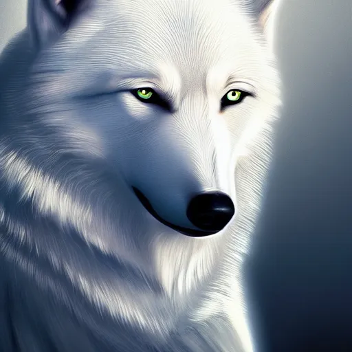 Image similar to A white wolf, hypnotic eyes, trending in ArtStation, aesthetic, cinematic lighting, 4k