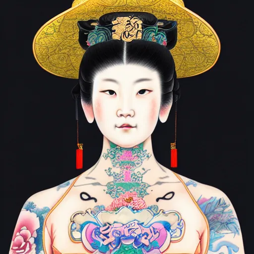 Image similar to full view, from a distance, of princess from the qing dynasty with tattoos, wearing a cowboy hat, style of yoshii chie and hikari shimoda and martine johanna, highly detailed