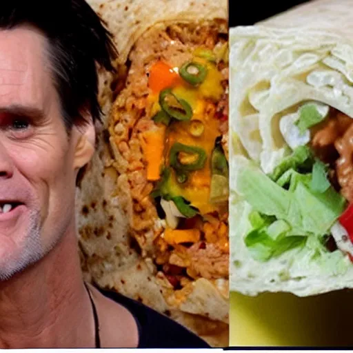 Image similar to jim carrey's head inside of a burrito, inside burrito, inside burrito