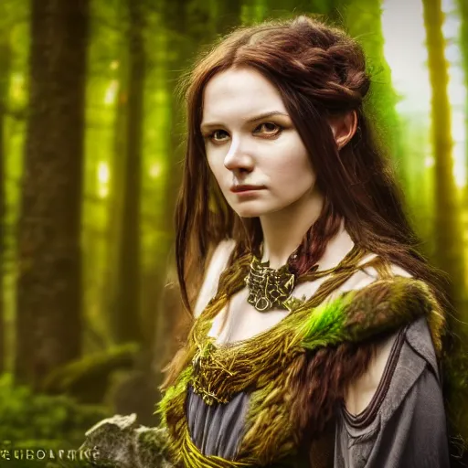 Prompt: a portrait of a female druid ,Grim fantasy, D&D, HDR, natural light, shoulder level shot, dynamic pose, award winning photograph, Mucha style 4k,