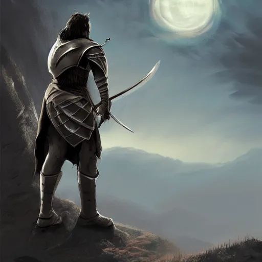 Prompt: Silhouette of a male warrior wearing knight armor holding a sword and shield, facing away towards a mountain in the distance, digital art, digital painting, matte painting, very beautiful, highly detailed, fantasy artwork, dnd