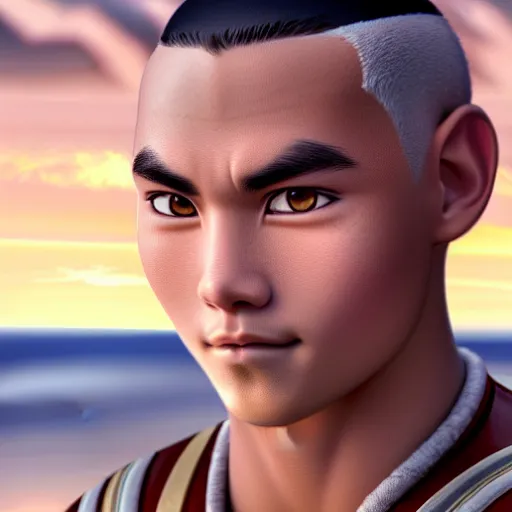 Image similar to beautiful serene intricate portrait of sokka from the water tribe as a young inuit man with blue eyes, smiling softly, relaxing on the beach, golden hour, soft focus, 8 k, art by irakli nadar, hyperrealism, hyperdetailed, ultra realistic