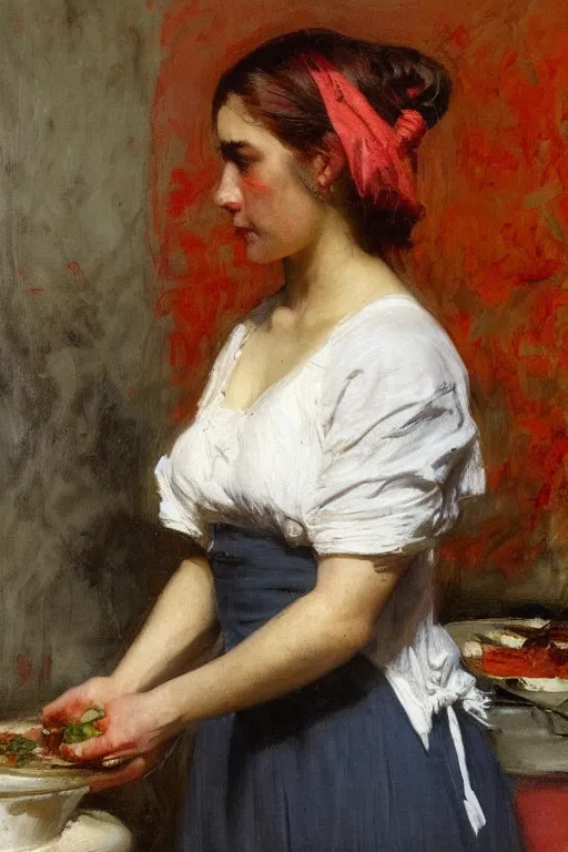 Prompt: Solomon Joseph Solomon and Richard Schmid and Jeremy Lipking victorian genre painting full length portrait painting of a young woman preparing a meal, red background