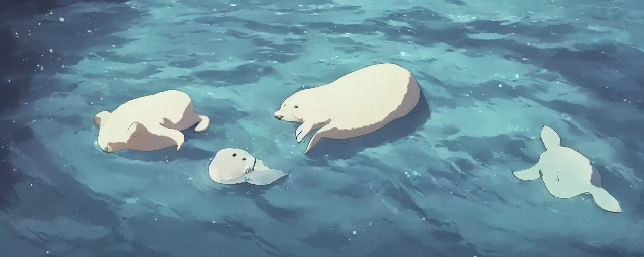 Prompt: a dead baby harp seal on the bottom of the ocean, atey ghailan, goro fujita, studio ghibli, rim light, dark lighting, clear focus, very coherent,