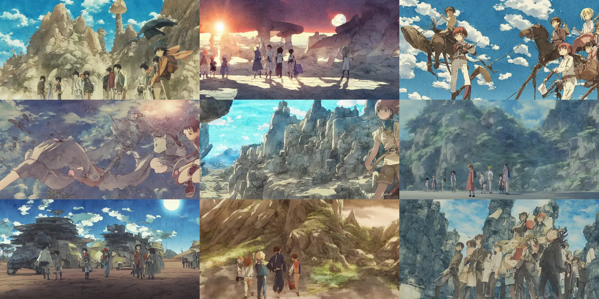 Prompt: anime movie screenshot, paper texture, ( ( detailed watercolor ) ) characters by tatsuyuki tanaka, vanishing point,, by ghibli!!! nausicaa!!, desert!!!, rim light, long shadows, bright, scenic, miyazaki, vibrant, motion, airship, flying beetles