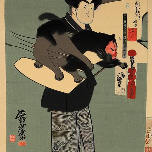 Image similar to angry japanese man with cat perched on his shoulder, vintage, painting by utamaro