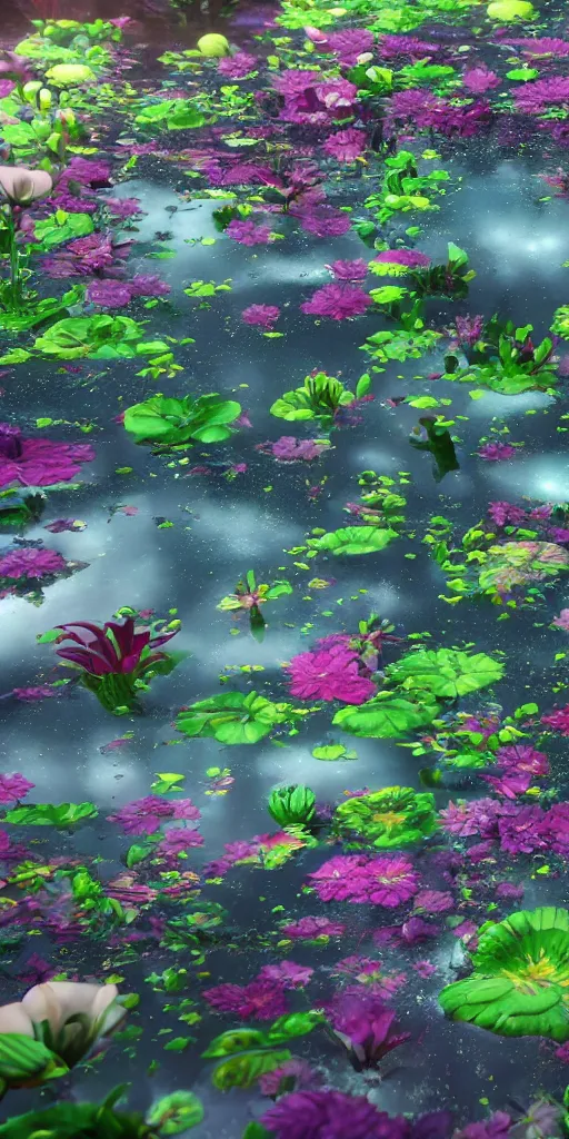 Prompt: alien flowers on a groovy biome warner bros, smooth, cinematic, wet reflections, ray tracing x, rtx, smooth