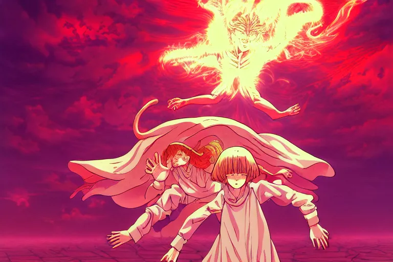 Image similar to digital illustration of a surprised child summoning a powerful demon, clean lines, extreme detail, cel shaded anime key visual in the style of moebius, ayami kojima, 9 0's anime, retro fantasy