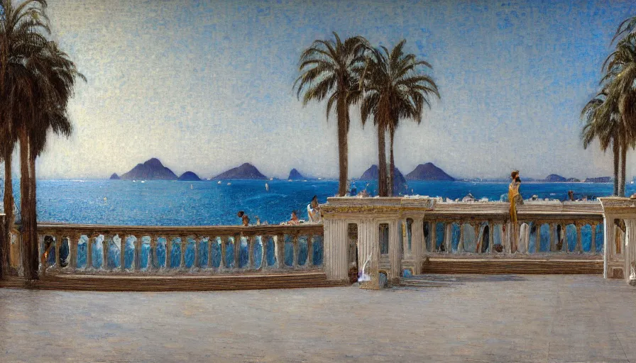 Image similar to a ultradetailed beautiful painting of the night sky of the rio de janeiro palace balustrade designed by jules bastien - lepage, tarsila do amaral, frank weston and gustave baumann, beach, trending on artstation, mediterranean, palm trees, sharp focus, giant greek columns, soft light, 8 k 4 k