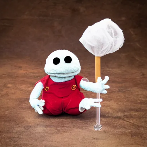 Prompt: frog cleric as an albino chibi muppet plush made entirely from transparent egg white sheer fabric wearing red and green overalls and carrying a tiny sketch book and pencil, photorealistic, photography, national geographic, sesame street