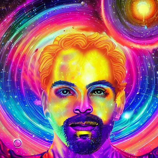 Prompt: A man's soul becoming one with the galaxy by lisa frank, space, vibrant, colorful, digital art, peaceful, dmt, psychedelic,