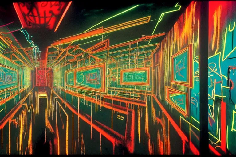 Image similar to the inside of a symmetrical hellish dungeon, mirrors and neon gas, matte painting, 4 k, epic composition, volumetric light, abstract illusionism, by william stout, jean - michel basquiat, pour paint, modern street art, grunge wall, industrial