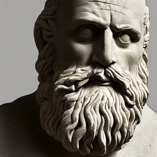 Image similar to epic greek marble statue of a grumpy bald man with a long beard, photo, chiaroscuro