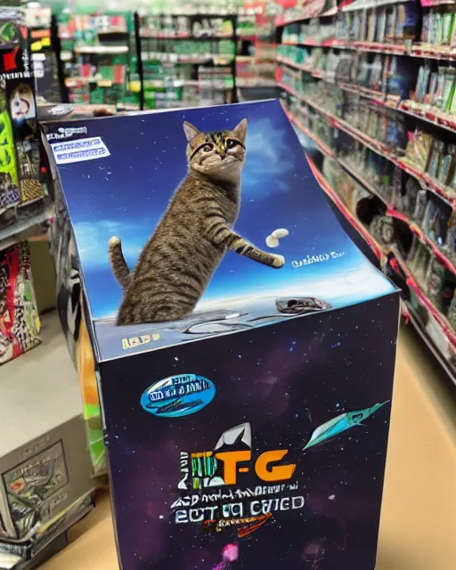 Image similar to Photo of a GPU box sitting on a store shelf in microcenter with a silly artwork of a cat flying a UFO printed on the box