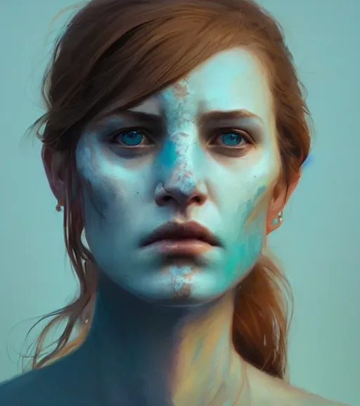 Prompt: portrait of a woman raised on the island face tatooes by greg rutkowski, dynamic lighting, gradient light blue, brown, blonde cream and white color scheme, grunge aesthetic