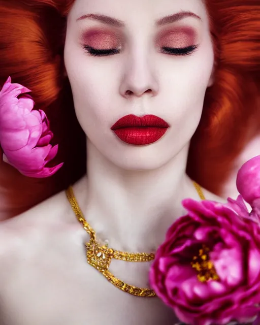 Image similar to Portrait of a woman, close-up, high sharpness, zeiss lens, fashion photo shoot, peony flowers, red hair, red lipstick, in the background of gold, they have rhinestones on their face, Edward Buba, Annie Leibovitz and Steve McCurry, David Lazar, Jimmy Nelsson, Eiko Hosoe, artistic, hyper-realistic, beautiful face, octane rendering