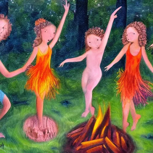 Image similar to painting of nymphs dancing around a campfire in the middle of the forest, happy, playful, joyful