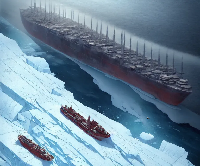 Image similar to one singular solo enormous gigantic steel ship - shaped fortress sailing across an icy frozen ocean. masterpiece, cinematic, octane render, depth of field, bokeh, architecture, aerial view, art by tom bagshaw, geof darrow, james gurney, filip hodas