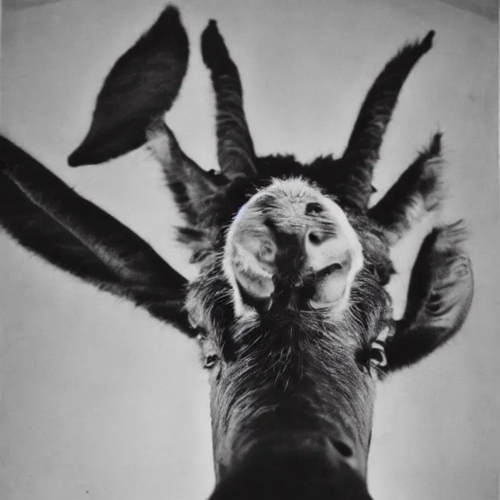 Image similar to 1 9 6 0 s horror movie poster featuring a very evil donkey staring into the camera very detailed 8 k black and white