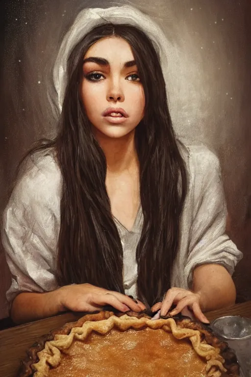 Prompt: romanticism painting of ( ( madison beer ) ) in a rustic style kitchen, baking apple pie, symmetrical face, beautiful eyes, cottagecore, artstation, 8 k, highly detailed