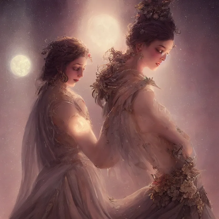 Image similar to a beautiful digital painting of a princess, princess, the moon behind her, intricate, cinematic lighting, highly detailed, digital painting, concept art, smooth, sharp focus, illustration, art by tom bagshaw, artgerm and greg rutkowski