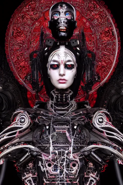 Image similar to full-body cyberpunk style sculpture of a young beautiful dark priestess, half android with a head opening exposing circuitry, glowing red eyes, black roses, flowing blood-red colored silk, fabric, candles, baroque elements, human skull, full-length view. baroque element, intricate artwork by Caravaggio. crows flying in background. Trending on artstation. cinematic lighting from the right, hyper-realism, octane render, 8k, depth of field, 3D