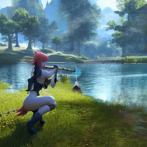 Prompt: final fantasy xiv miqote fishing near a lake in the forest, peaceful, dawn, in - game rendered, 4 k, detailed, warrior of light