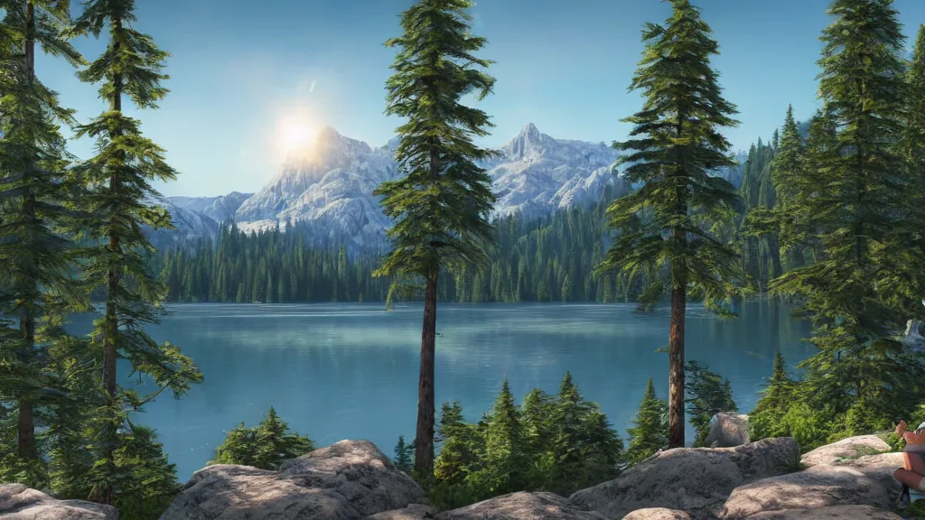 Image similar to a lake surrounded by tall pine trees with a mountain in the background, a detailed matte painting by senior environment artist, shutterstock contest winner, photorealism, rendered in unreal engine, matte painting, anamorphic lens flare