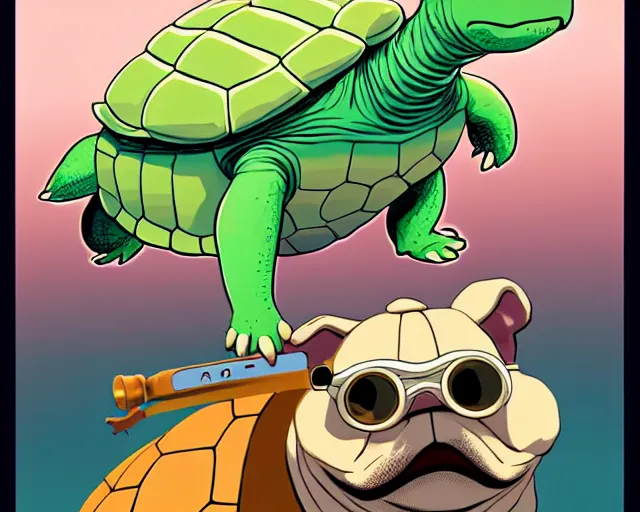 Image similar to cell shaded cartoon of an adorable turtle with a bulldog's head wearing goggles from moving castle ( 2 0 0 4 ), concept art by josan gonzales and wlop, by james jean, victo ngai, david rubin, mike mignola, deviantart, art by artgem