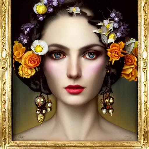 Image similar to dynamic composition, blonde woman with hair of irises and spring flowers wearing ornate earrings, ornate gilded details, a surrealist painting by tom bagshaw and jacek yerga and tamara de lempicka and jesse king, wiccan, pre - raphaelite, featured on cgsociety, pop surrealism, surrealist, dramatic lighting