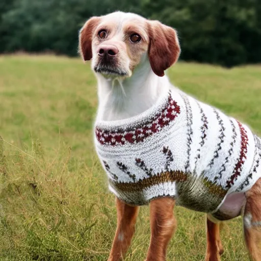 Prompt: photo realistic white and brown danish-Swedish farm dog wearing a knitted sweater, epic,