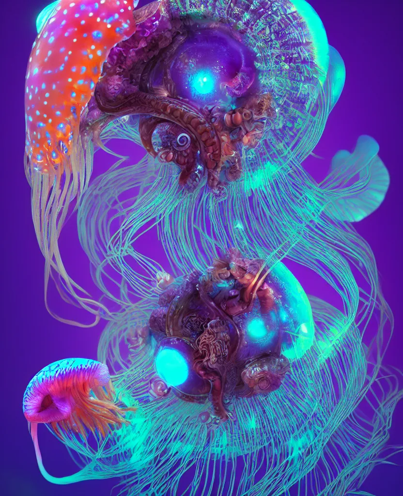 Image similar to goddess close-up portrait. dichroic orchid jellyfish phoenix head, nautilus, skull, betta fish, bioluminiscent creatures, intricate artwork by Tooth Wu and wlop and beeple. octane render, trending on artstation, greg rutkowski very coherent symmetrical artwork. cinematic, hyper realism, high detail, octane render, 8k