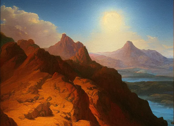 Image similar to mount olympus, mars in the style of hudson river school of art, oil on canvas