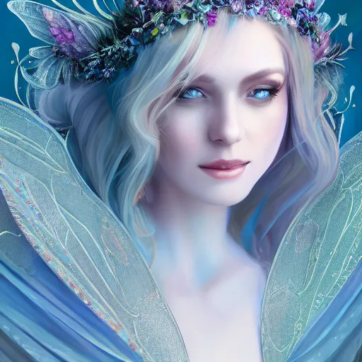 Image similar to detailed portrait of a fairy queen with wings wearing a magic silk and lace robe with a hood, crown, pixie, iris, realism, detailed eyes, emerald, galaxy, sapphire,blonde hair going down to the floor, moonlit, dark fantasy, dramatic lighting, cgsociety, artstation