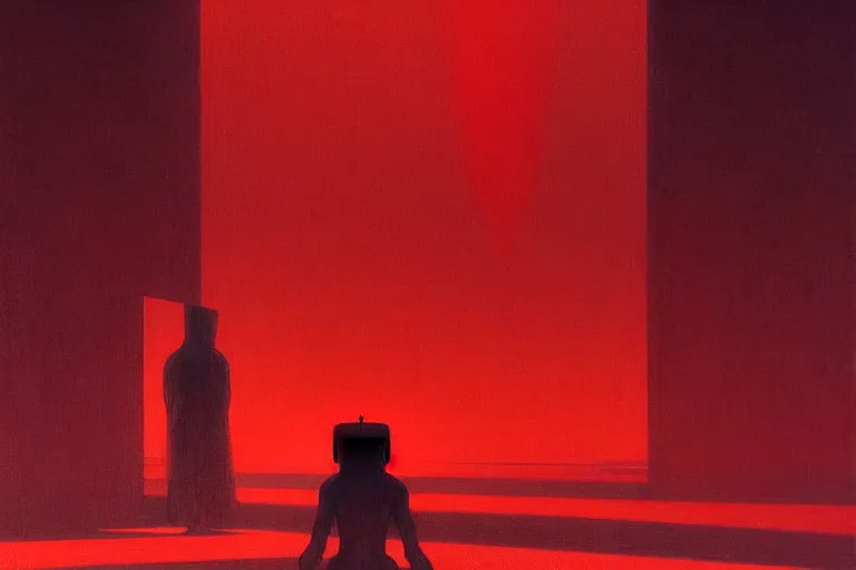 Image similar to only with red, a red samurai humanoid, tokio futuristic in background, yokai, in the style of beksinski, parts by edward hopper, parts by rodcenko, parts by yue minjun, intricate and epic composition, red by caravaggio, insanely quality, highly detailed, masterpiece, red light, artstation, 4 k