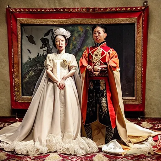 Image similar to A royal bridal ensemble is shown in a museum in a 1900s historical fantasy photograph that combines Russian and Japanese influences.