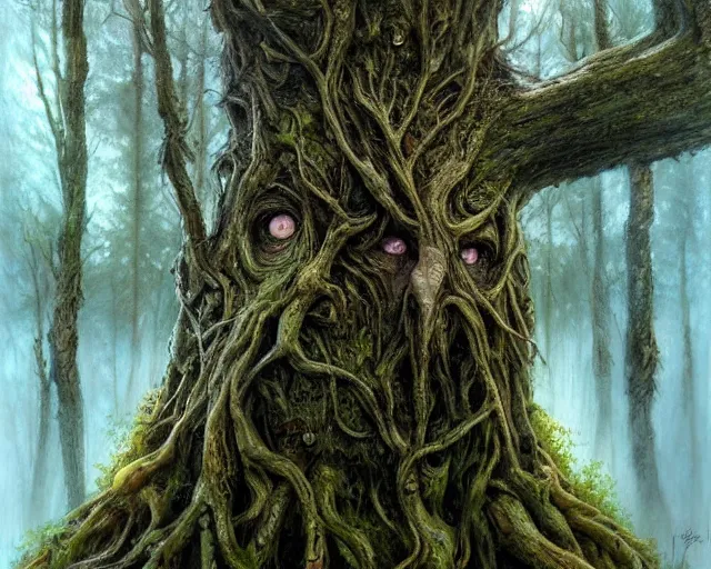 Image similar to a talking tree, a face in the bark, mouth in the bark, eyes in the bark, fantasy concept art, digital painting, oil painting, hyperrealistic, beautiful, treebeard, ent, magical, highly detailed, very detailed eyes, artstation, cgsociety, in the forest, by alan lee, by artgerm