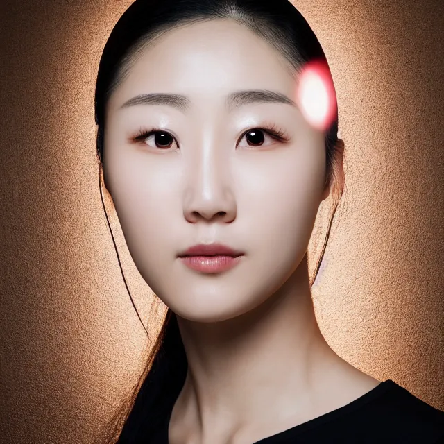 Image similar to photograph portrait bald korean japanese goddess of beauty neutral expression face straight on headshot even lighting no hair