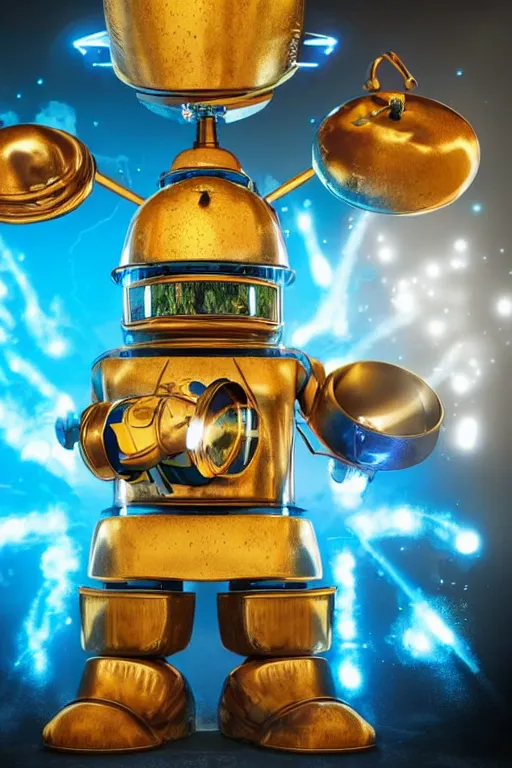 Image similar to portrait photo of a giant golden and blue metal steampunk robot chef wearing a big chef hat, with steaming pots and pans and tubes, eyes are green lights, shiny crisp finish, 3 d render, 8 k, insaneley detailed, fluorescent colors, background is multicolored lasershow