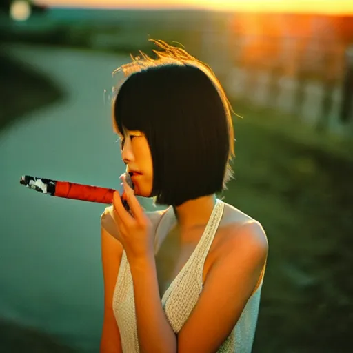 Image similar to beautiful gorgeous Japanese edgy model girl with short hair is smoking a cigarette, she's sad, sunset 80mm lens, 1.2 aperture, Kodak 5219, grainy image, close up